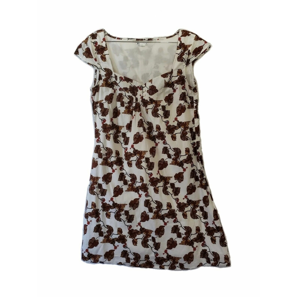 Ben Sherman Cream Brown Orange Nature Queen Anne Cap Cotton Shift Dress M Medium